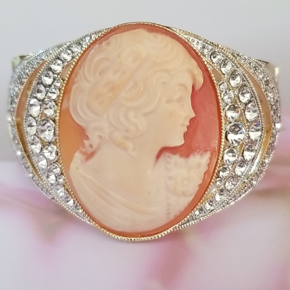 Amedeo Cameo Rhinestone Gold Tone Cuff Bracelet - Picture 2 of 16